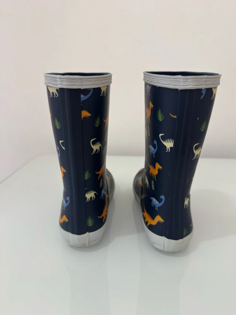 Hunter Kids Navy Rain Boots with Orange & Blue Dinosaurs, US Size 13
